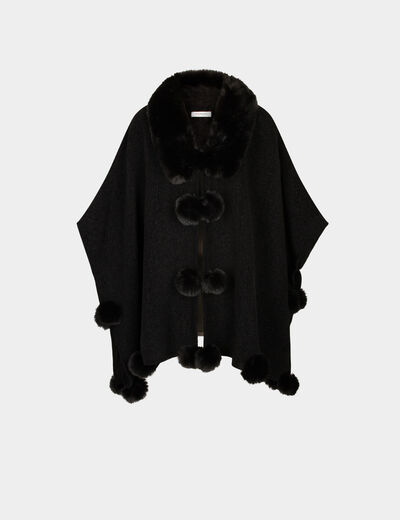 Poncho with pom-poms black ladies'