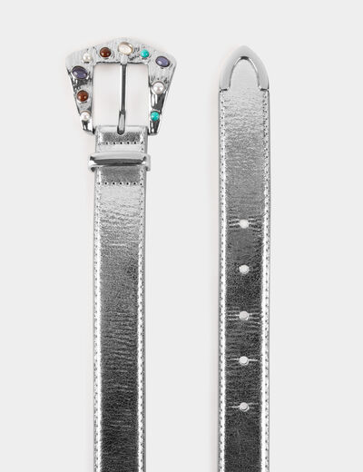 Metallised belt with jewelled buckle silver ladies'
