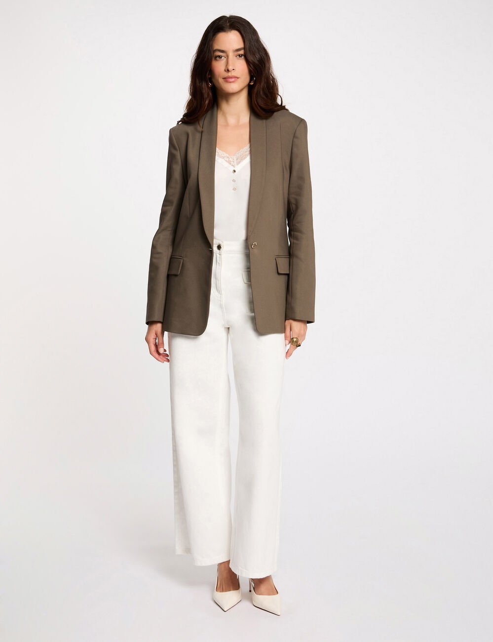 Veste courte col châle vert kaki femme