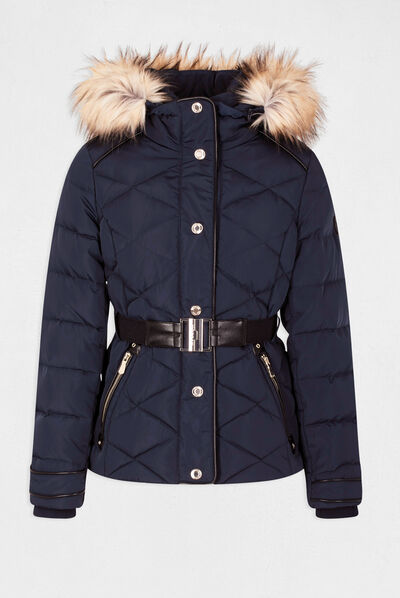 Straight belted padded jacket with hood navy ladies'