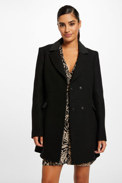 Loose coat with collar with studs black ladies'