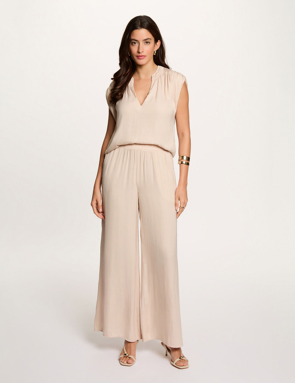 Flowy wide-leg trousers light beige women