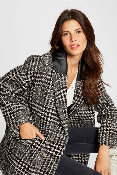 Straight coat with houndstooth print ecru ladies'