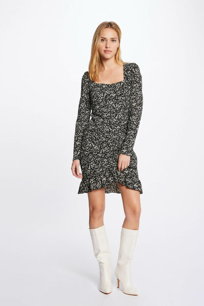 Draped fitted dress abstract print black ladies'