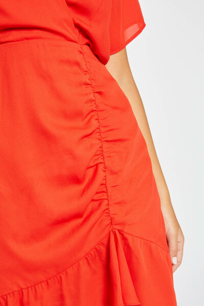 Shirred waisted dress wrap-over neckline red ladies'