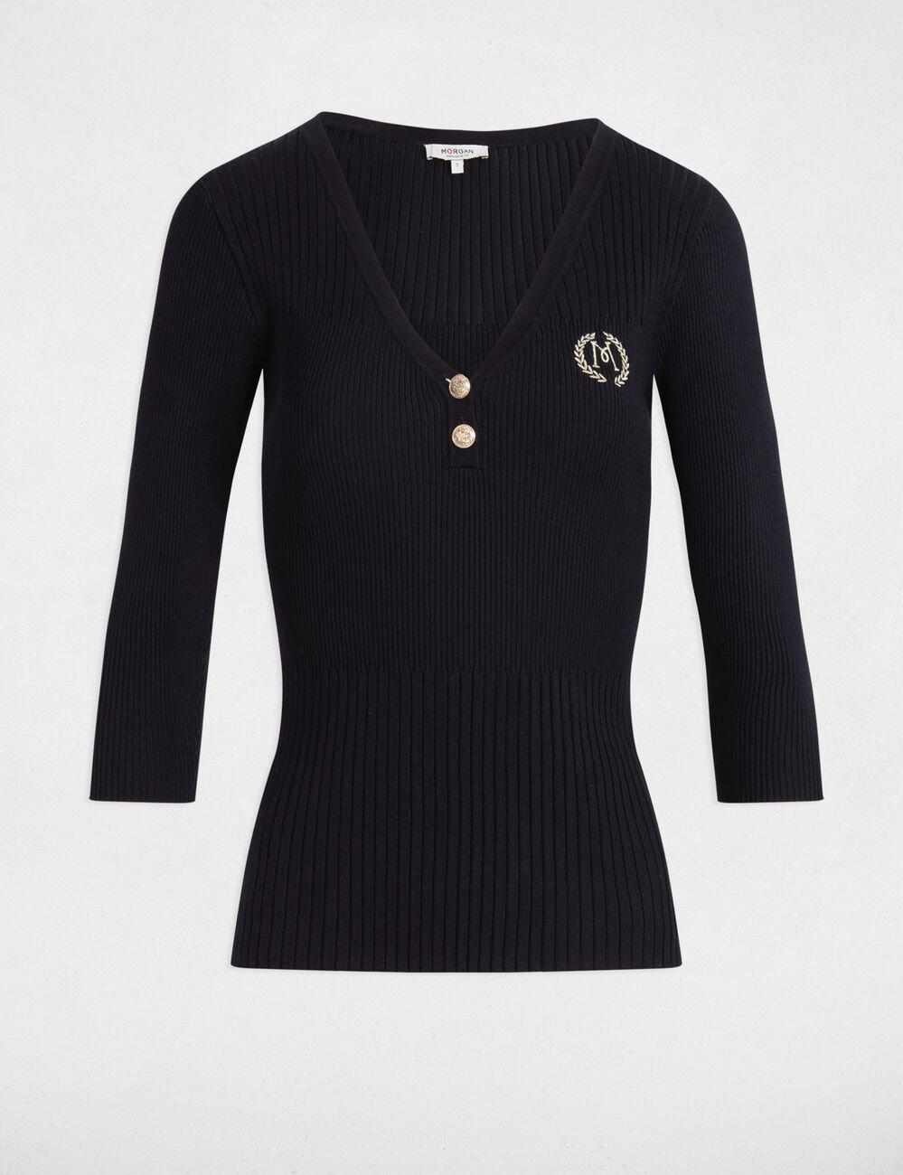 Pull col en V côtelé bleu marine femme