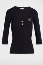 Pull col en V côtelé bleu marine femme