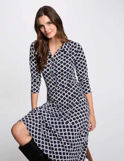 Printed straight midi dress navy blue women