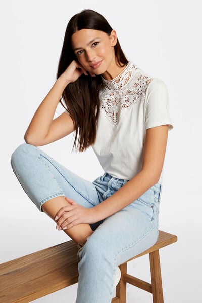 Short-sleeved t-shirt with lace ecru ladies'