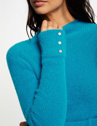 Fluffy knit long-sleeved jumper blue ladies'