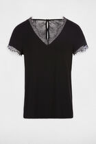 V-neck buttoned lace t-shirt black women