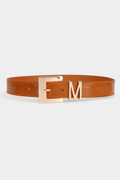 Belt with croc effect and M loop caramel ladies'
