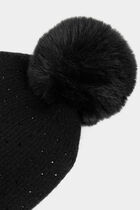 Beanie with rhinestones and pom-pom black women