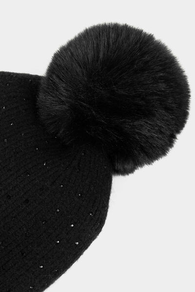 Beanie with rhinestones and pom-pom black ladies'