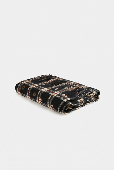 Scarf with fringes and check print black ladies'