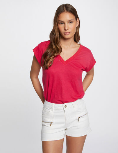Short-sleeved t-shirt with V-neck raspberry ladies'