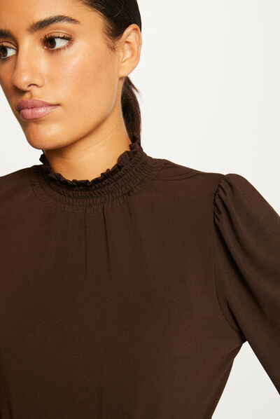 Long-sleeved t-shirt with high collar chestnut brown ladies'
