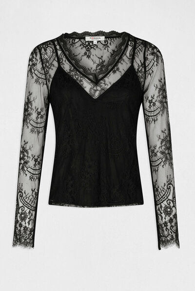 Long-sleeved t-shirt with lace black ladies'