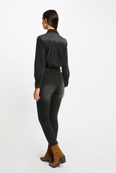 Fitted belted denim jumpsuit anthracite grey ladies'