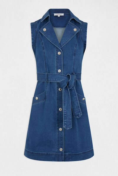 Belted buttoned straight denim dress stone denim ladies'