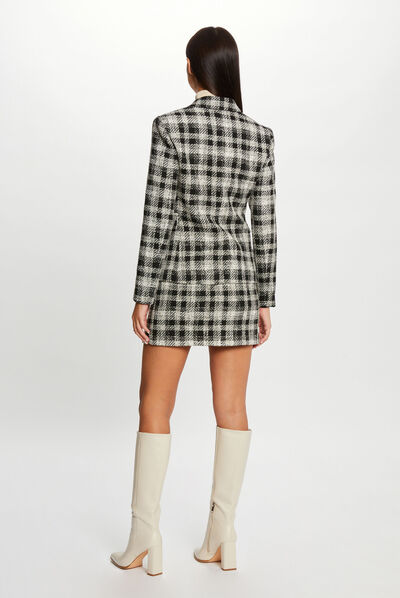 Checked waisted buttoned jacket black ladies'