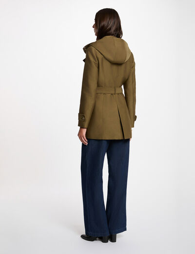 Waisted belted trenchcoat with hood khaki green women
