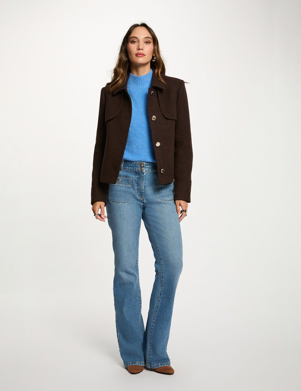 Short buttoned coat dark brown women