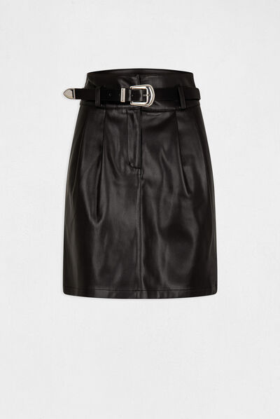 Straight belted skirt in faux leather black ladies'