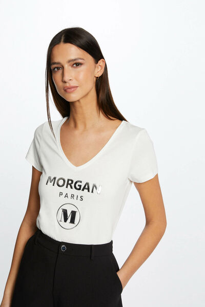 Short-sleeved t-shirt with message ecru ladies'