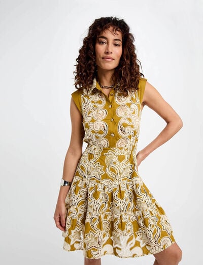 Embroidered A-line dress khaki green women
