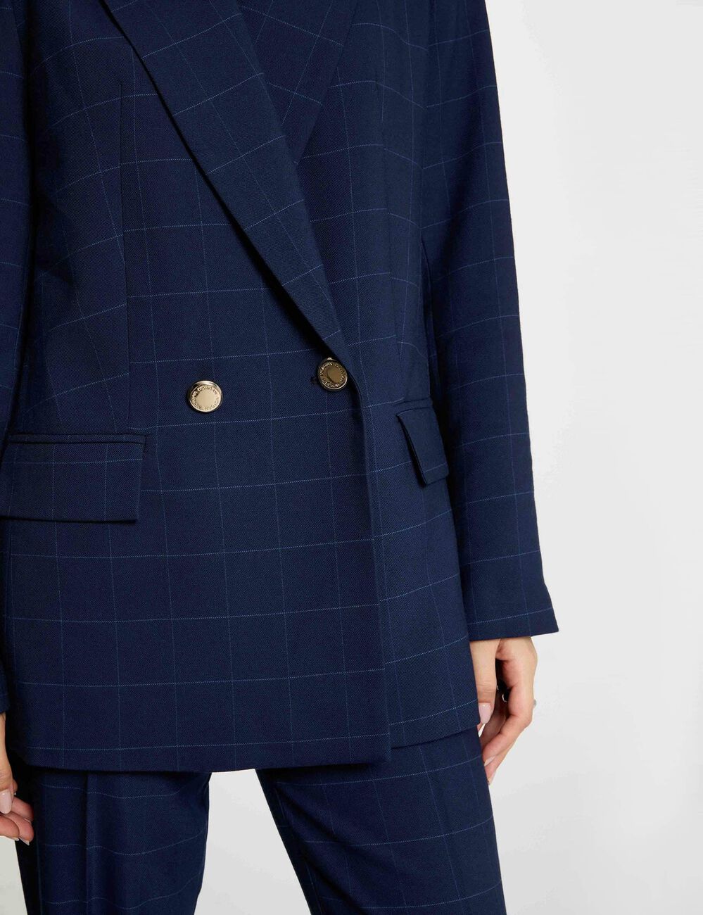 Checked straight blazer navy blue women