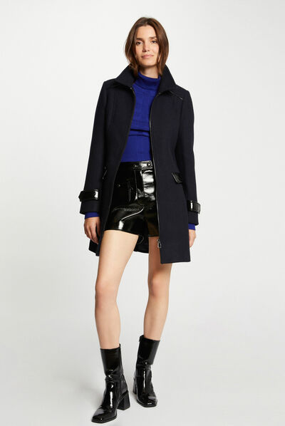 Straight coat faux leather details navy ladies'