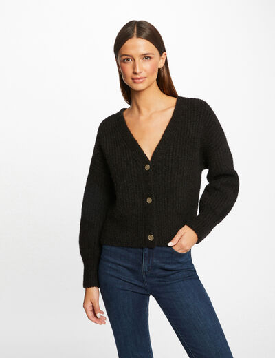 Straight buttoned cardigan with V-neck black ladies'