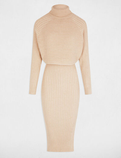 Fitted midi jumper dress 2 en 1 effect beige women