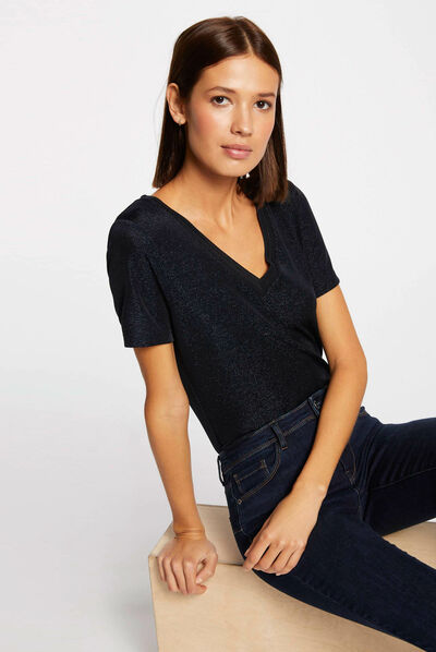 Short-sleeved t-shirt with V-neck navy ladies'