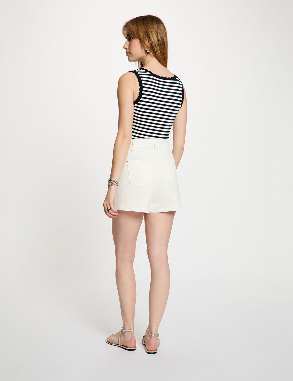 Striped round neck tank top navy blue women