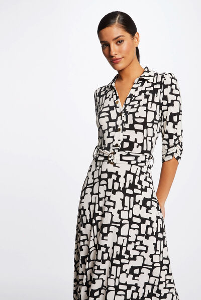 Maxi A-line dress with abstract print ecru ladies'