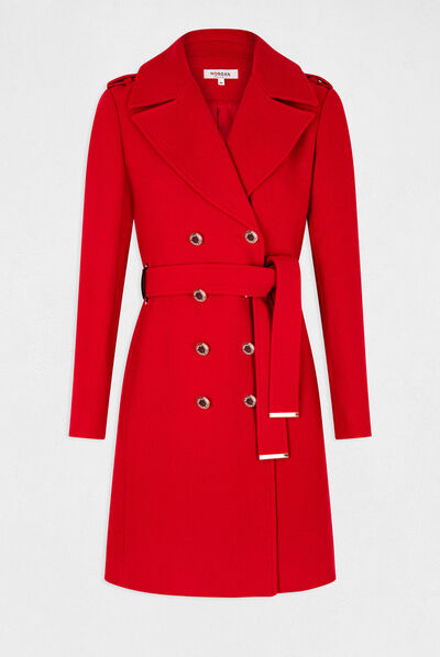 Long belted straight coat with buttons red ladies'
