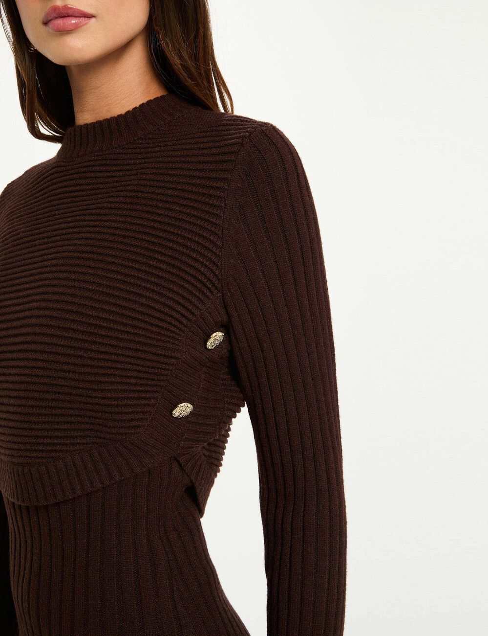 Fitted knit dress with long sleeves dark brown women