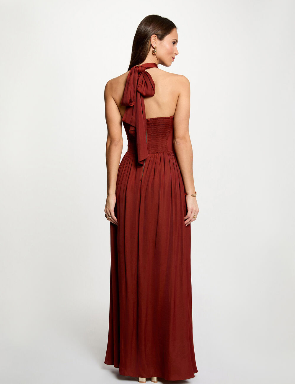 Long dress with tied neck cognac brown women