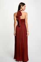 Long dress with tied neck cognac brown women