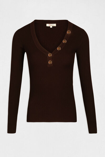 Long-sleeved jumper buttons fine knit chestnut brown ladies'