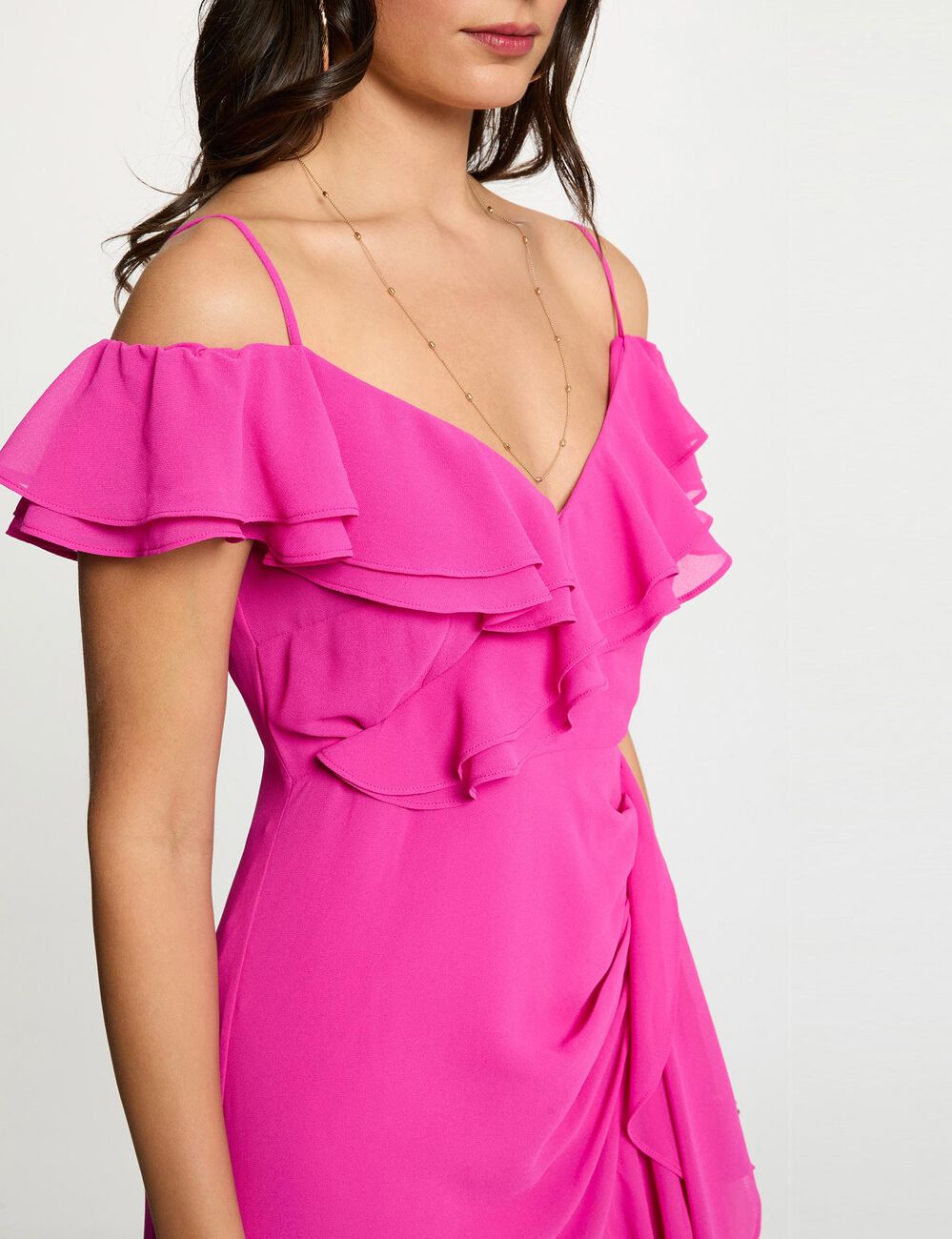 Straight midi dress ruffles raspberry pink women