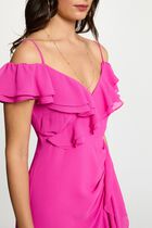 Straight midi dress ruffles raspberry pink women