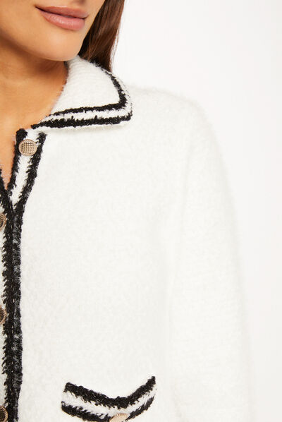 Buttoned cardigan contrasting strips ecru ladies'