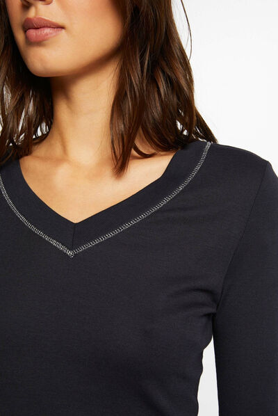 Long-sleeved t-shirt with V-neck navy ladies'