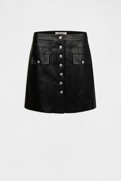 Faux leather buttoned straight skirt black ladies'