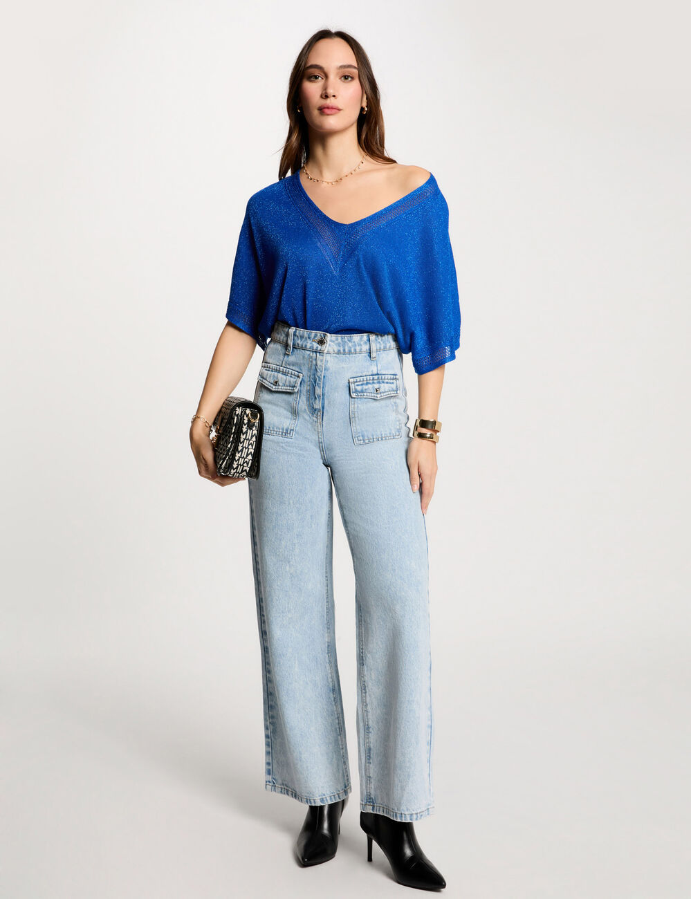 Jumper V-neck short sleeves electric blue women