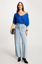 Jumper V-neck short sleeves electric blue women