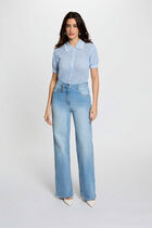 High-waisted wide-leg jeans heavy stone wash denim women